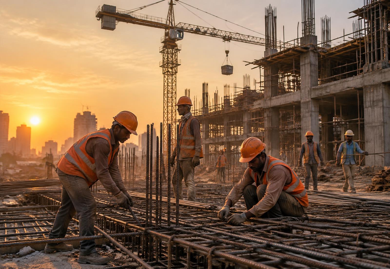 Construction workers assembling reinforcement steel at an active Indian civil works site
